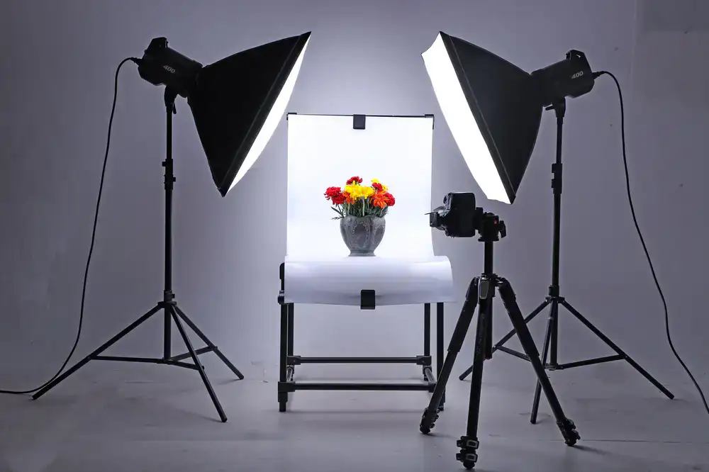 Product photography setup with diffusers and bounce cards